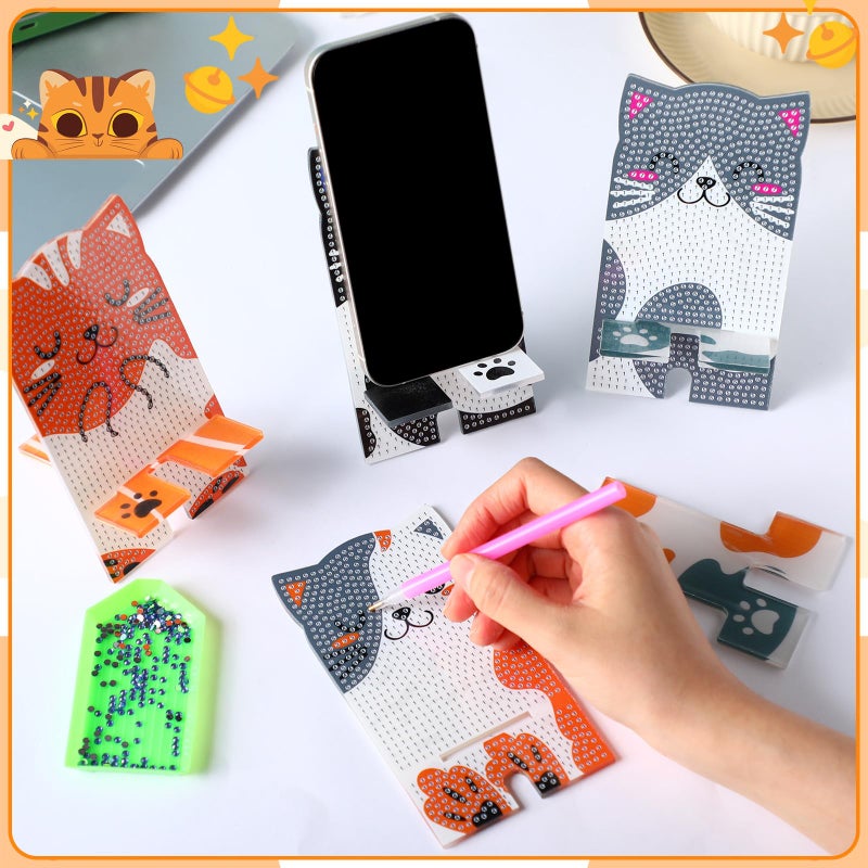 Saillong 4 Pcs Kawaii Cat Diamond Painting Cell Phone Stand DIY Full Drill Crystal Diamond Art Phone Holder Bling Painting Art Craft Kits for Beginner Adult - Image 2