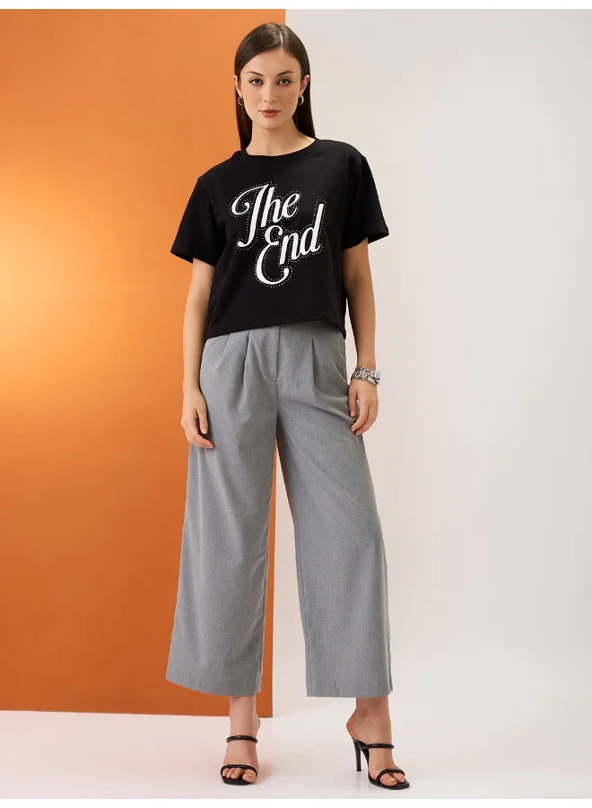 globus Women Black Typography Print Embellished Detail Round Neck Short Sleeves Boxy Fit Crop T-Shirt