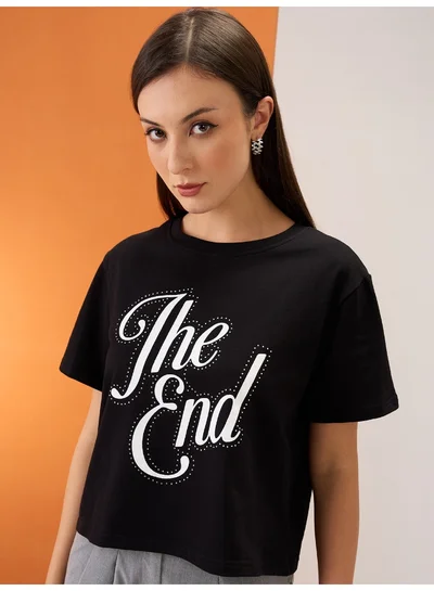 globus Women Black Typography Print Embellished Detail Round Neck Short Sleeves Boxy Fit Crop T-Shirt