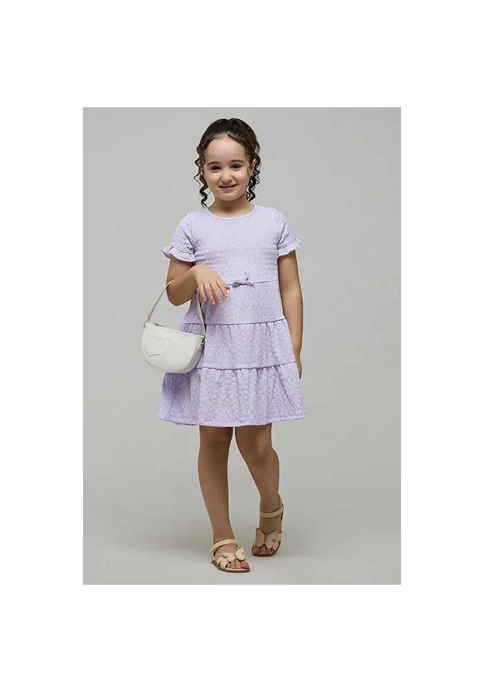 أر أند بي Textured Tiered Dress with Crew Neck and Short Sleeves