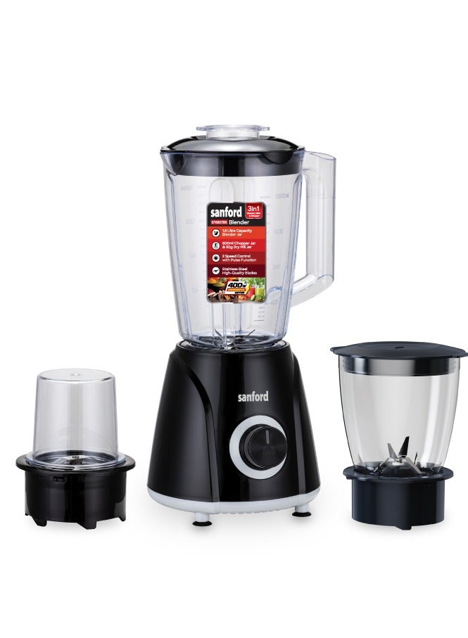 3-in-1 Blender, Miller & Chopper, 400W Powerful Motor, 1.6 Litre Blender Jar, 600ml Chopper, 50g Dry Mill Jar, 2 Speed Control with Pulse Function, Food-grade Stainless Steel Blades, Overheat Safety Protection, Long-life and Durable Cutting Blade 1.6 L 400 W SF6807BR BS Black