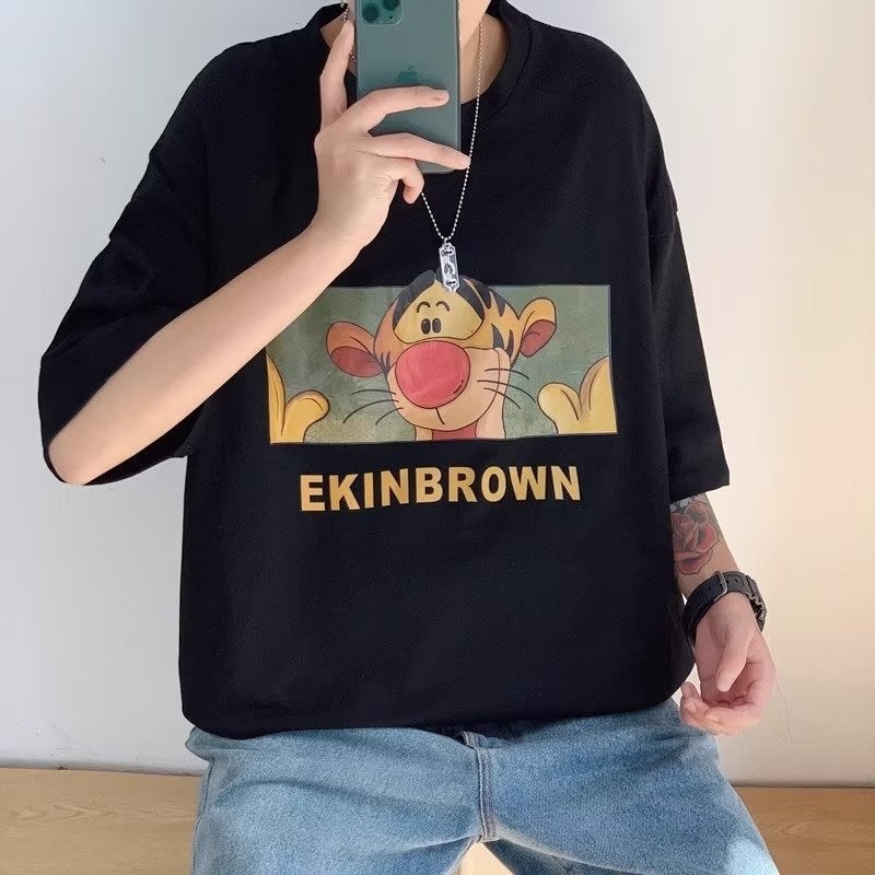Hong Kong Style Trendy All-Match Cartoon Printed Round Neck Casual Plus Size Japanese Loose Men'S Short Sleeve T-Shirt - Image 5