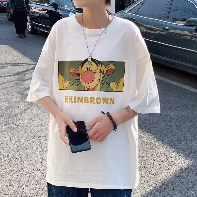 Hong Kong Style Trendy All-Match Cartoon Printed Round Neck Casual Plus Size Japanese Loose Men'S Short Sleeve T-Shirt - Image 2