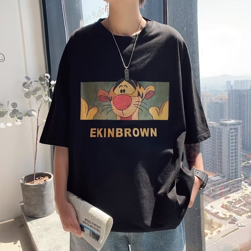 Hong Kong Style Trendy All-Match Cartoon Printed Round Neck Casual Plus Size Japanese Loose Men'S Short Sleeve T-Shirt - Image 3