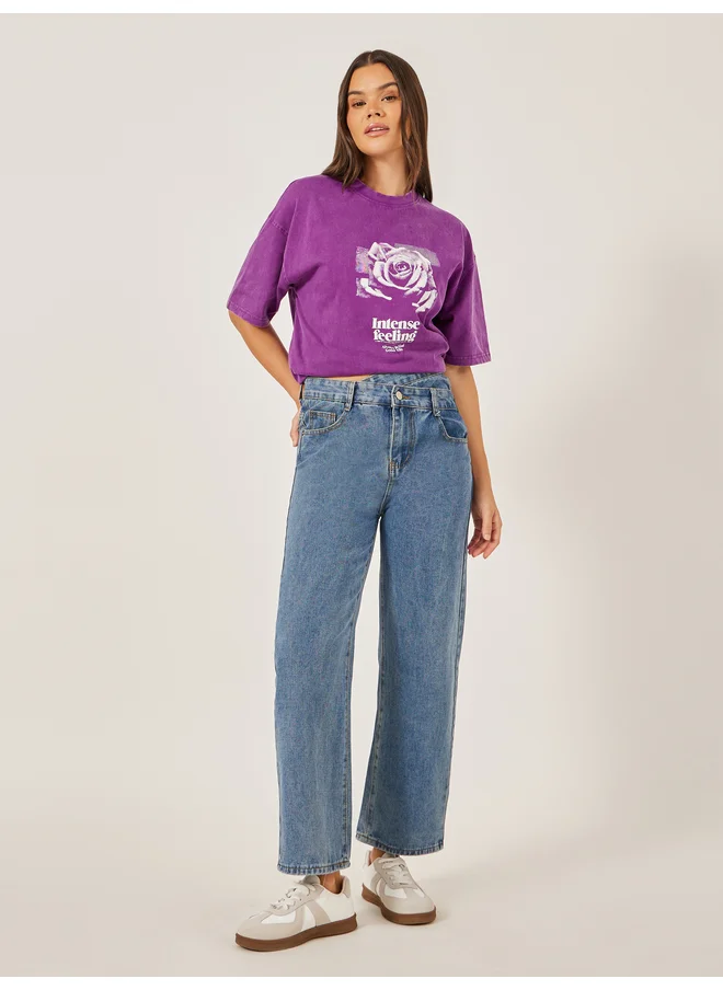 ستايلي Styli Wide Leg Faded Jeans with Asymmetric Waistband