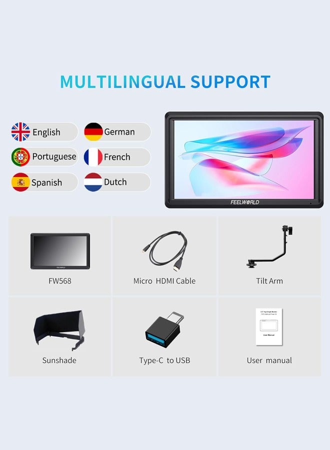 Feelworld FEELWORLD FW568 V3 6 inch DSLR Camera Field Monitor with Waveform LUTs Video Peaking Focus Assist 1920x1080 IPS with 4K HDMI 8.4V DC Input Output  - Image 2