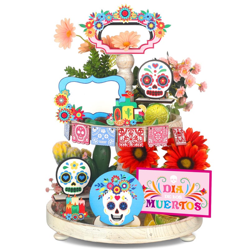 Amyhill 14 Pcs Day of The Dead Tiered Tray Decor Mexican Dia De Los Muertos Decorations Sugar Skull Wooden Table Signs Wreaths Wine Flowers Candles Centerpieces for Halloween Party Decor - Image 2