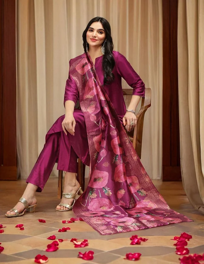ISHIN ISHIN Purple Polyviscose Kurta with Pant and Dupatta Set