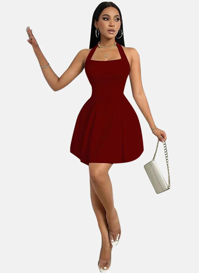 يونيكي Red Solid Sleeveless Halter Neck Mini Fit & Flare Dress
