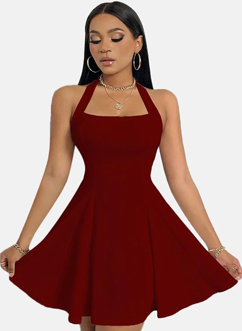يونيكي Red Solid Sleeveless Halter Neck Mini Fit & Flare Dress