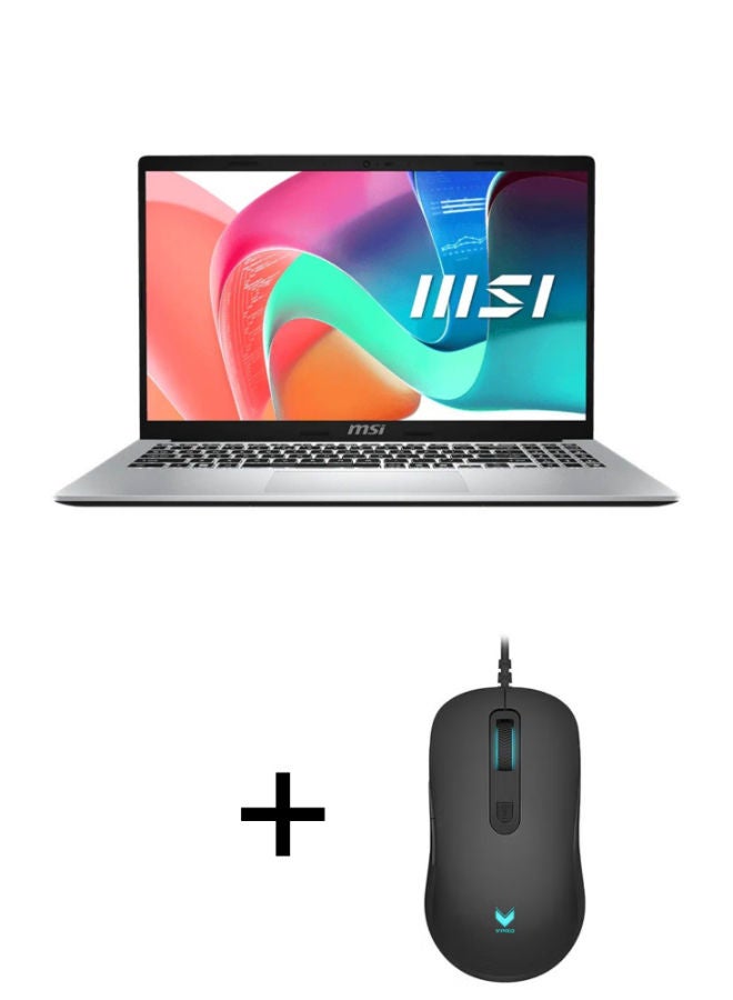 إم اس أي لابتوب حديث 15 F1MG بشاشة 15.6 بوصة عالية الدقة بالكامل / معالج Intel Core 5 120U / ذاكرة وصول عشوائي 8 جيجابايت / قرص صلب SSD بسعة 512 جيجابايت / معالج رسومات Intel / مع فأرة ألعاب Rapoo V16 أوربان سيلفر - Image 1
