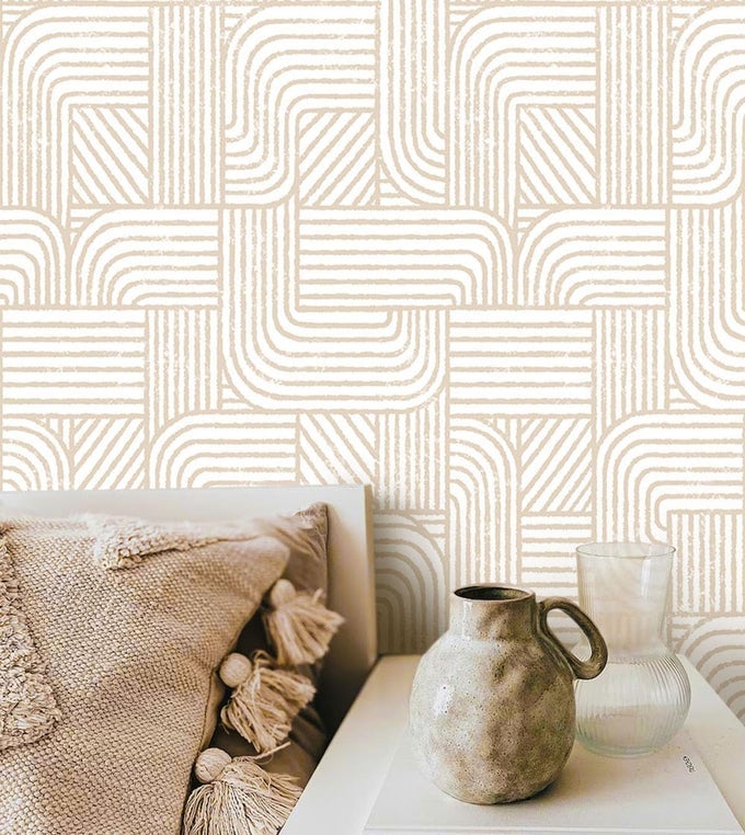 MODERN PEEL AND STICK WALLPAPER BOHO CONTACT PAPER FOR CABINETS DRAWERS BEIGE AND WHITE STRIPED GEOMETRIC SELF ADHESIVE WALLPAPER FOR BEDROOM BATHROOM WALL DECOR NEUTRAL VINYL 173INW 197INL