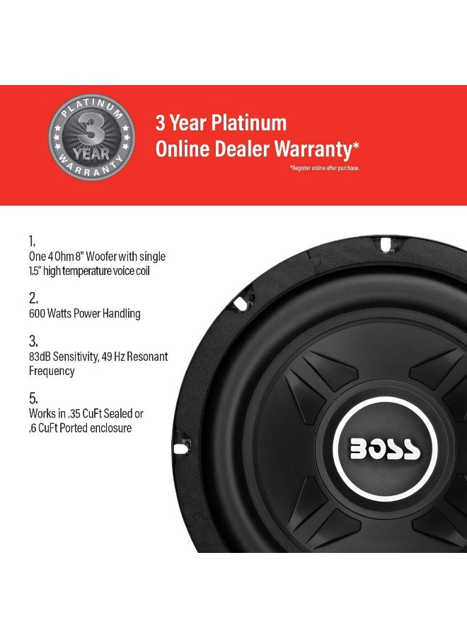 BOSS AUDIO SYSTEMS BOSS Audio Systems CXX8 8 Inch Car Subwoofer - 600 Watts Maximum Power, Single 4 Ohm Voice Coil, Easy Mounting, Sold Individually  - Image 3