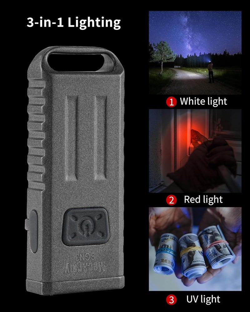 MecArmy SGN3 Mini Portable USB Rechargeable Keychain Flashlight - UV, Red, and White Lights - Image 3
