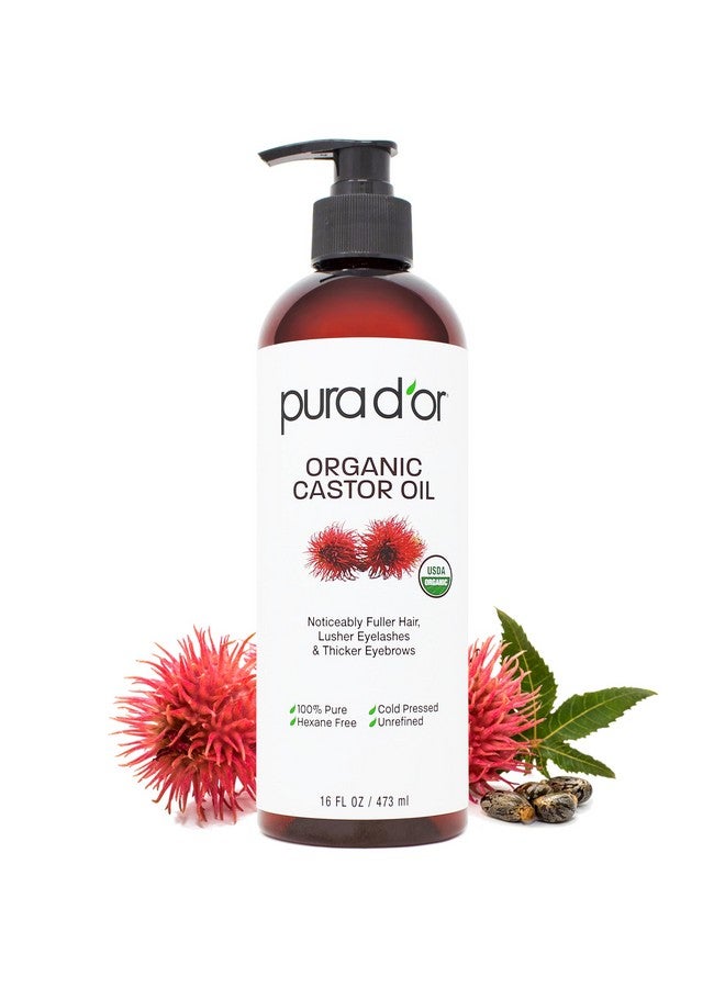 PURA D'OR 16 Oz ORGANIC Castor Oil - 100% Pure USDA Certified Cold Pressed, Hexane Free Eyelash & Eyebrow Serum - For Fuller, Thicker Lashes & Brows - Skin & Hair Moisturizer - Bulk Size - Image 1