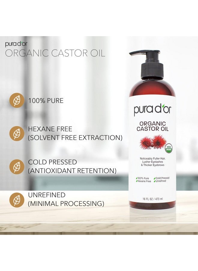 PURA D'OR 16 Oz ORGANIC Castor Oil - 100% Pure USDA Certified Cold Pressed, Hexane Free Eyelash & Eyebrow Serum - For Fuller, Thicker Lashes & Brows - Skin & Hair Moisturizer - Bulk Size - Image 2