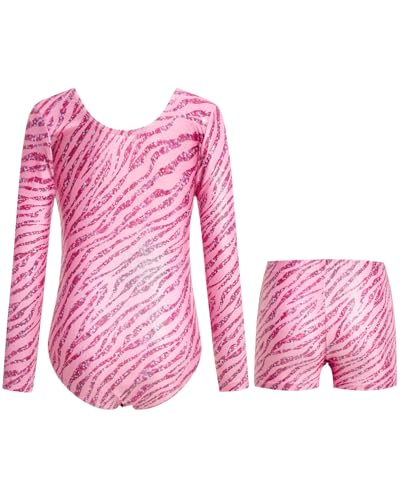 JiAmy Leotards for Girls Gymnastics, Long Sleeve Sparkly Dance Biketards with Shorts Ballet Tumbling Outfit for 3-4 Years Pink Zebra - Image 2
