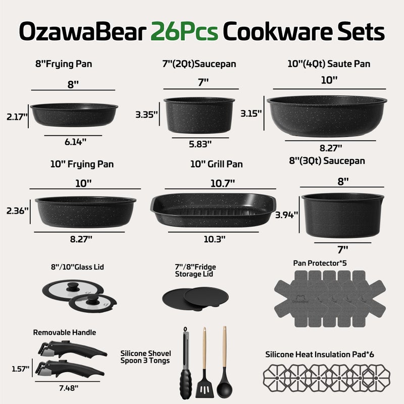 OzawaBear 26 Pcs Pots and Pans Set Non Stick, Ceramic Cookware Set Non Toxic with Detachable Handles, Healthy Induction Cookware Oven Safe RV Kitchen Set, PFAS PFOA & PTFE Free, Black - Image 2