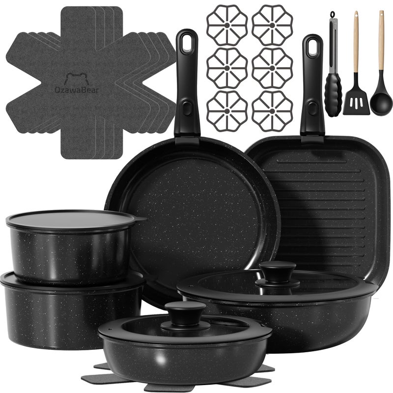 OzawaBear 26 Pcs Pots and Pans Set Non Stick, Ceramic Cookware Set Non Toxic with Detachable Handles, Healthy Induction Cookware Oven Safe RV Kitchen Set, PFAS PFOA & PTFE Free, Black - Image 1