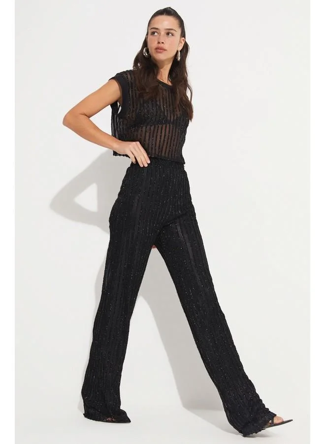JUNE June Transparent Detailed Trouser & Blouse Set Black