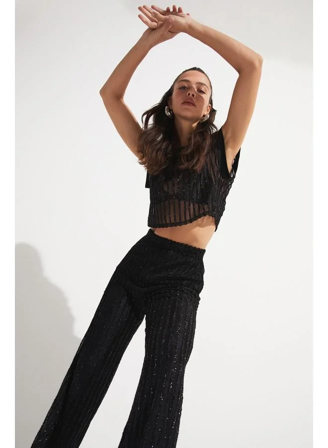 JUNE June Transparent Detailed Trouser & Blouse Set Black