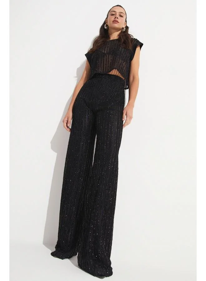JUNE June Transparent Detailed Trouser & Blouse Set Black