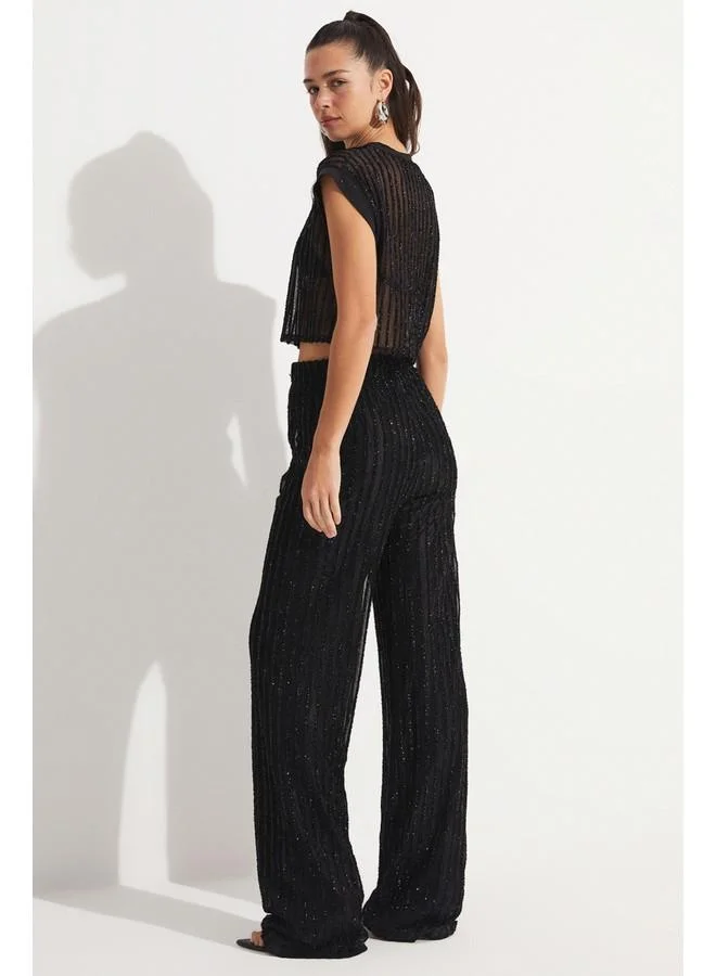 JUNE June Transparent Detailed Trouser & Blouse Set Black