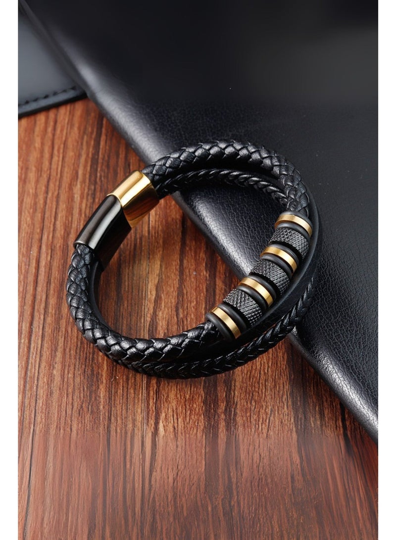Men's Black & Gold Braided Leather Bracelet - Multilayer Genuine Leather Wristband with Metal Beads & Stainless Steel Clasp - 21cm Fashion Jewelry for Men - Image 5
