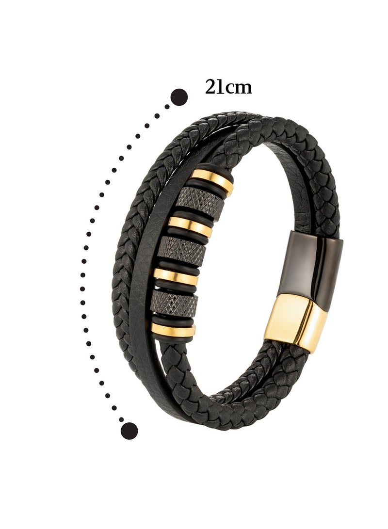 Men's Black & Gold Braided Leather Bracelet - Multilayer Genuine Leather Wristband with Metal Beads & Stainless Steel Clasp - 21cm Fashion Jewelry for Men - Image 2