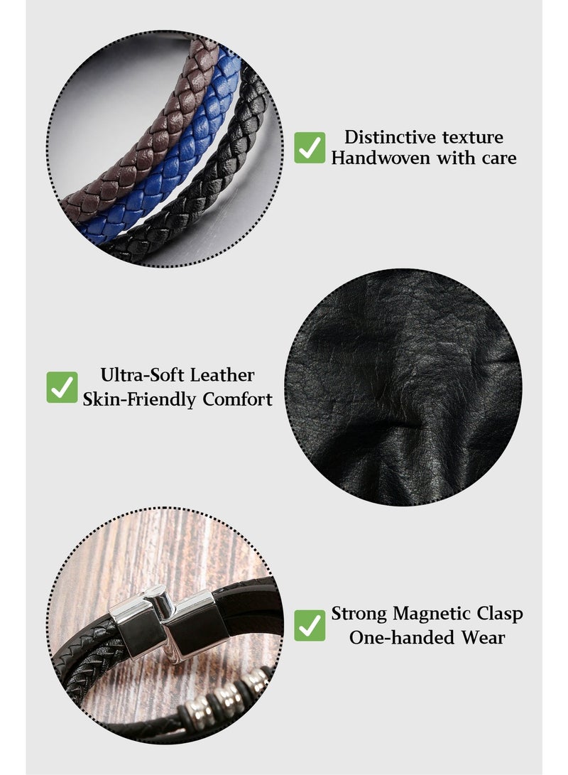 Men's Black & Gold Braided Leather Bracelet - Multilayer Genuine Leather Wristband with Metal Beads & Stainless Steel Clasp - 21cm Fashion Jewelry for Men - Image 3