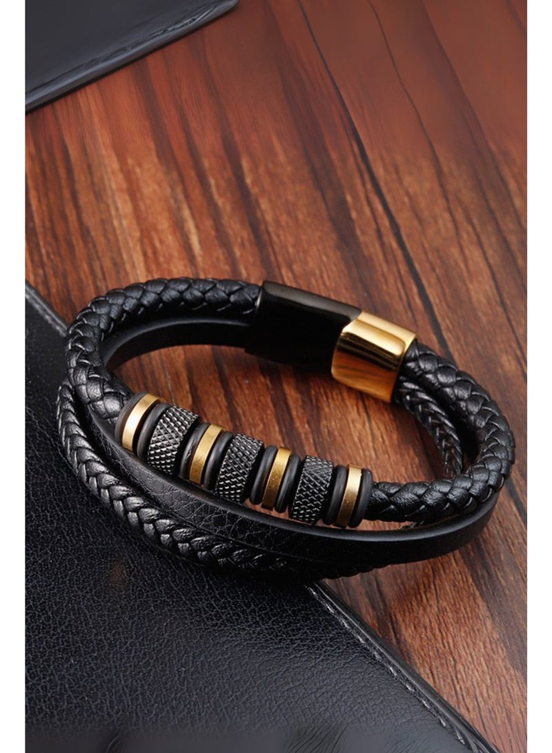 Men's Black & Gold Braided Leather Bracelet - Multilayer Genuine Leather Wristband with Metal Beads & Stainless Steel Clasp - 21cm Fashion Jewelry for Men - Image 4