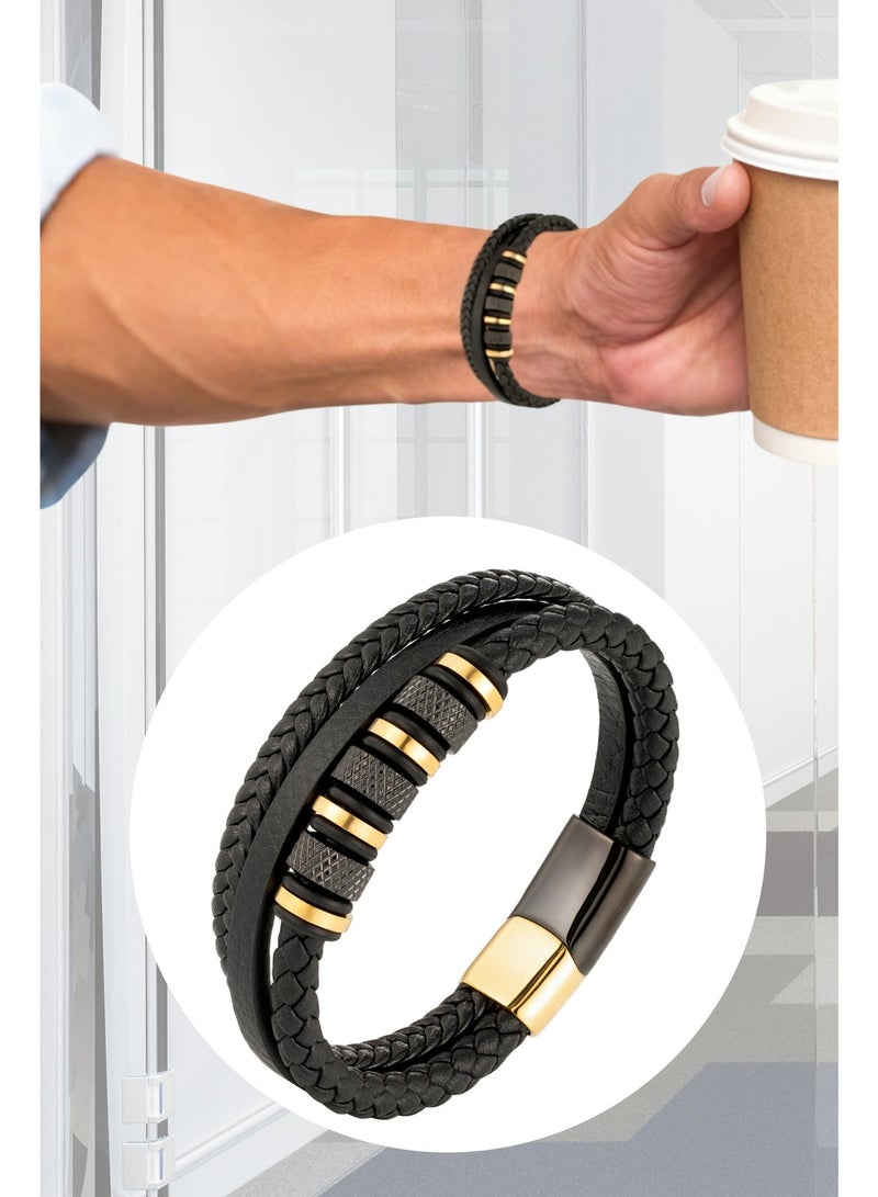 Men's Black & Gold Braided Leather Bracelet - Multilayer Genuine Leather Wristband with Metal Beads & Stainless Steel Clasp - 21cm Fashion Jewelry for Men - Image 1
