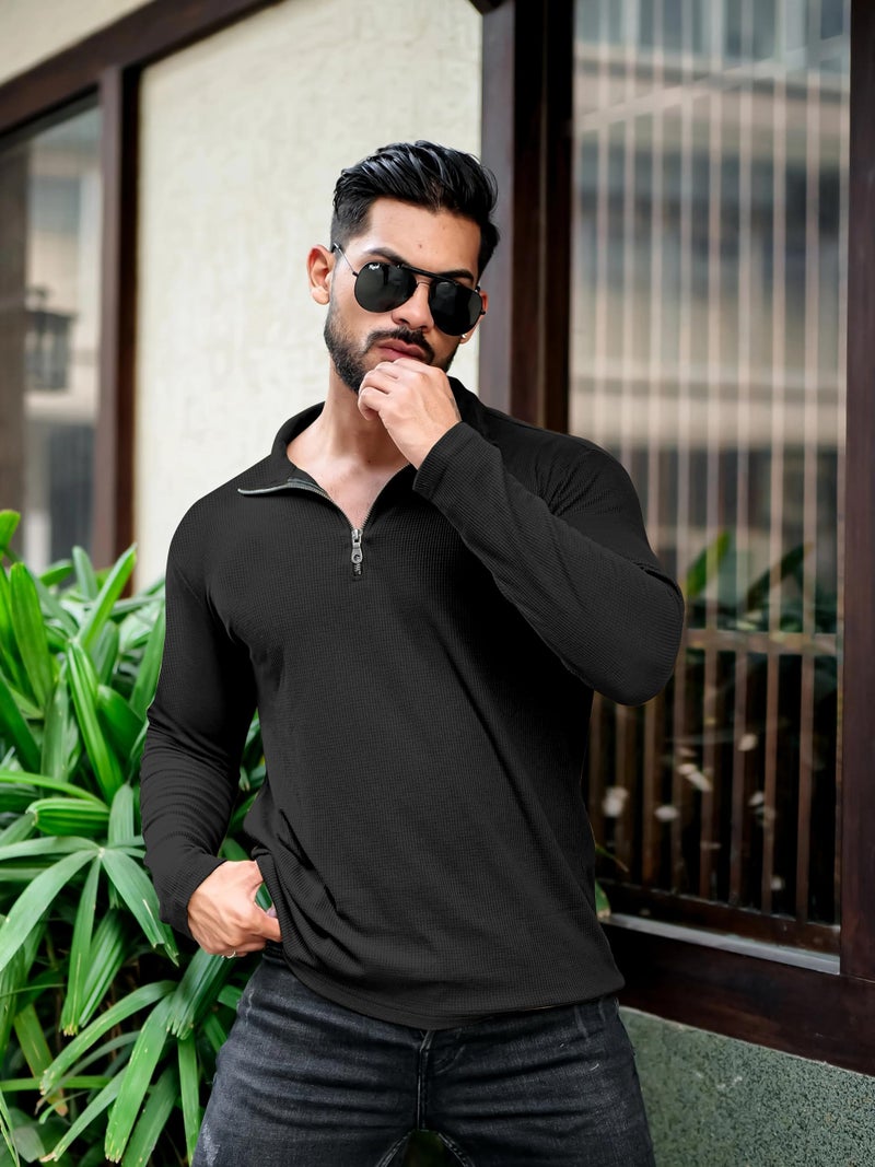 KAJARU Men's Polyester Blend T Shirt with Spread Collar Neck Line Zipper Closure Full Sleeves Solid Pattern Regular Fit and Standard Length Black - Image 5