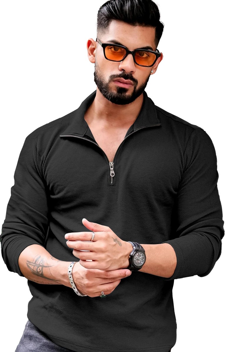 KAJARU Men's Polyester Blend T Shirt with Spread Collar Neck Line Zipper Closure Full Sleeves Solid Pattern Regular Fit and Standard Length Black - Image 1