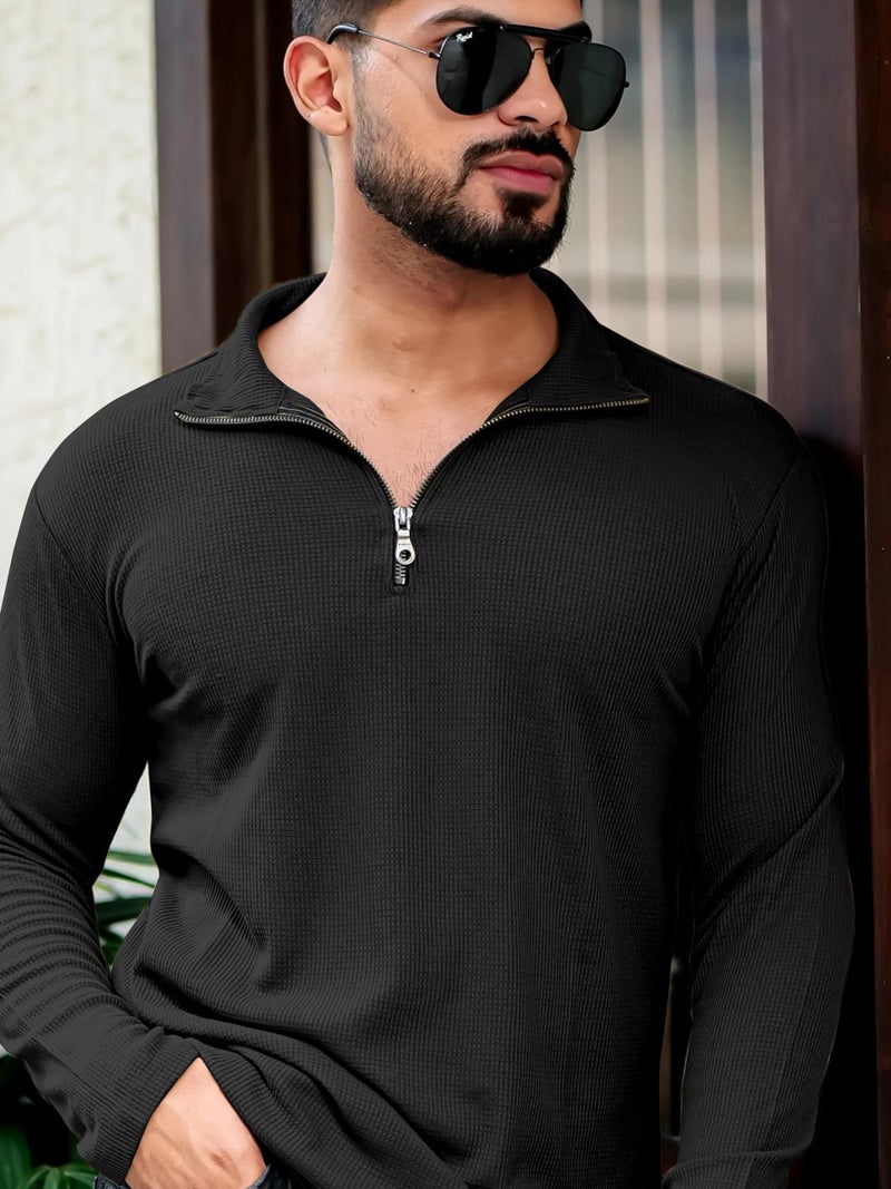 KAJARU Men's Polyester Blend T Shirt with Spread Collar Neck Line Zipper Closure Full Sleeves Solid Pattern Regular Fit and Standard Length Black - Image 2