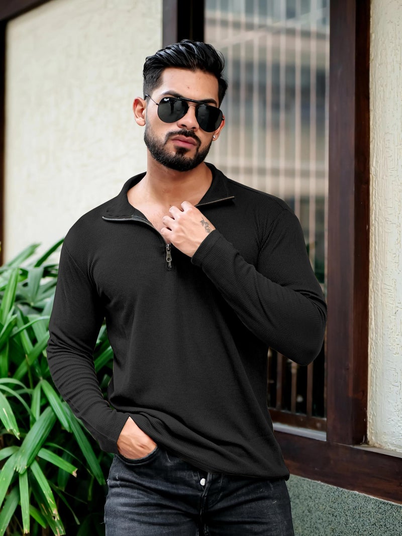 KAJARU Men's Polyester Blend T Shirt with Spread Collar Neck Line Zipper Closure Full Sleeves Solid Pattern Regular Fit and Standard Length Black - Image 4