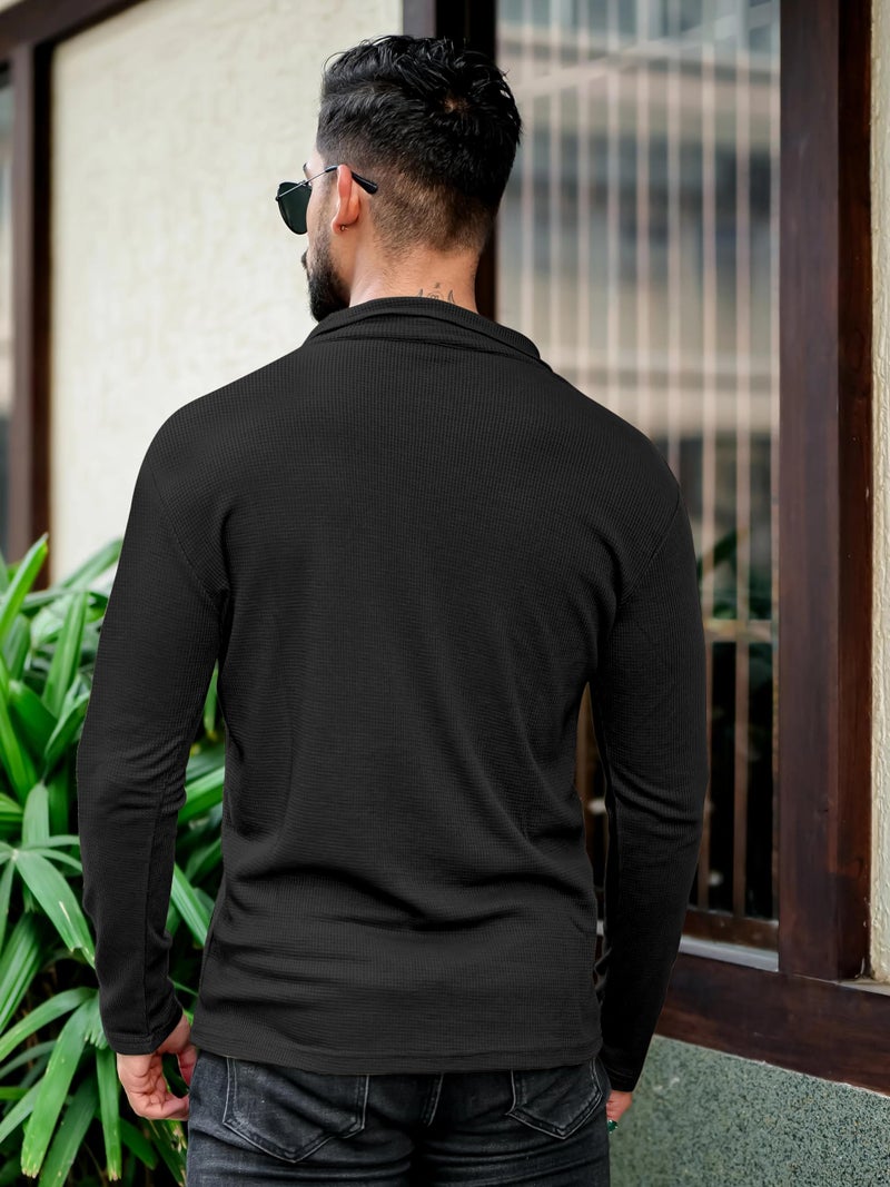 KAJARU Men's Polyester Blend T Shirt with Spread Collar Neck Line Zipper Closure Full Sleeves Solid Pattern Regular Fit and Standard Length Black - Image 3