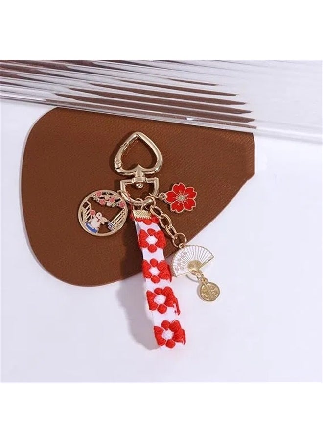 yongsheng Key Ring, Key Chain, Style Keychain with Red and White Floral Ribbon, Gold Tone Metal Charms Including Fan and Coin, Ideal for Keys, Bags, Car Keys and Phone Cases, Perfect for Travelers and Gifting  - Image 5