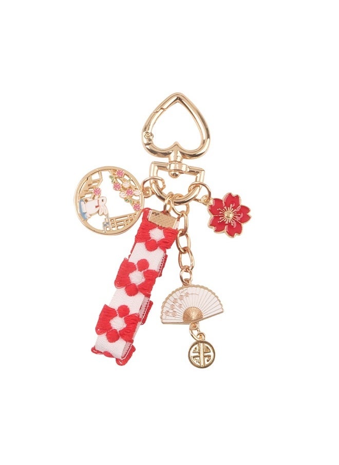 yongsheng Key Ring, Key Chain, Style Keychain with Red and White Floral Ribbon, Gold Tone Metal Charms Including Fan and Coin, Ideal for Keys, Bags, Car Keys and Phone Cases, Perfect for Travelers and Gifting  - Image 1
