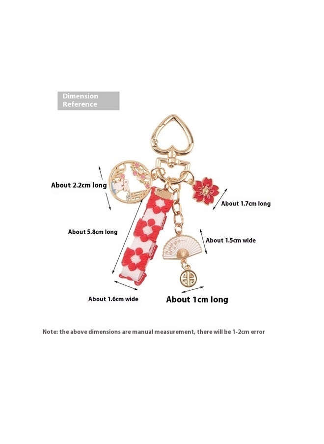 yongsheng Key Ring, Key Chain, Style Keychain with Red and White Floral Ribbon, Gold Tone Metal Charms Including Fan and Coin, Ideal for Keys, Bags, Car Keys and Phone Cases, Perfect for Travelers and Gifting  - Image 3