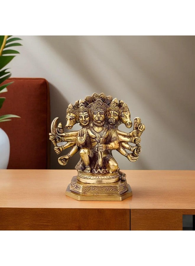 Kartique Brass Panchmukhi (Five Faced) Hanuman Bajrangbali Sankat Mochan Hanuman Idol Statue Murti on Strong Solid Base in Gold Color - Image 1
