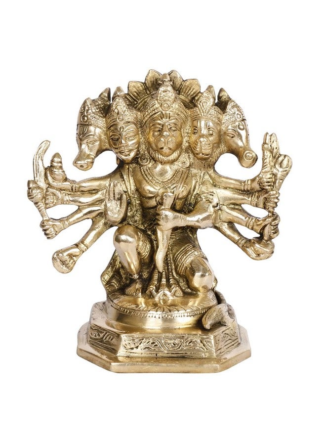 Kartique Brass Panchmukhi (Five Faced) Hanuman Bajrangbali Sankat Mochan Hanuman Idol Statue Murti on Strong Solid Base in Gold Color - Image 2