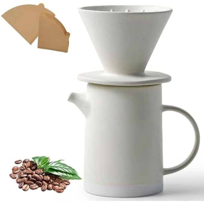Azonee Vintage Ceramic Pour Over Coffee Maker Set With 40 Paper Filters Ideal For Home Caf Restaurant  Camping 420Ml White - Image 1