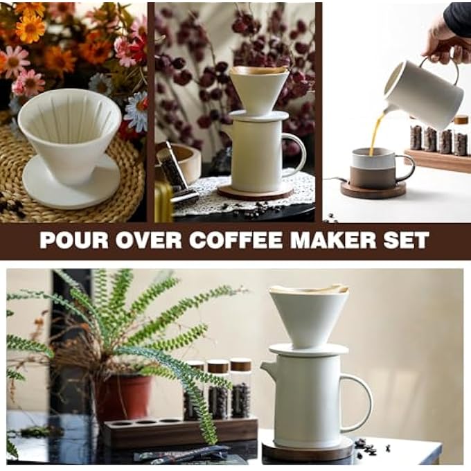 Azonee Vintage Ceramic Pour Over Coffee Maker Set With 40 Paper Filters Ideal For Home Caf Restaurant  Camping 420Ml White - Image 3