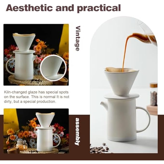 Azonee Vintage Ceramic Pour Over Coffee Maker Set With 40 Paper Filters Ideal For Home Caf Restaurant  Camping 420Ml White - Image 2