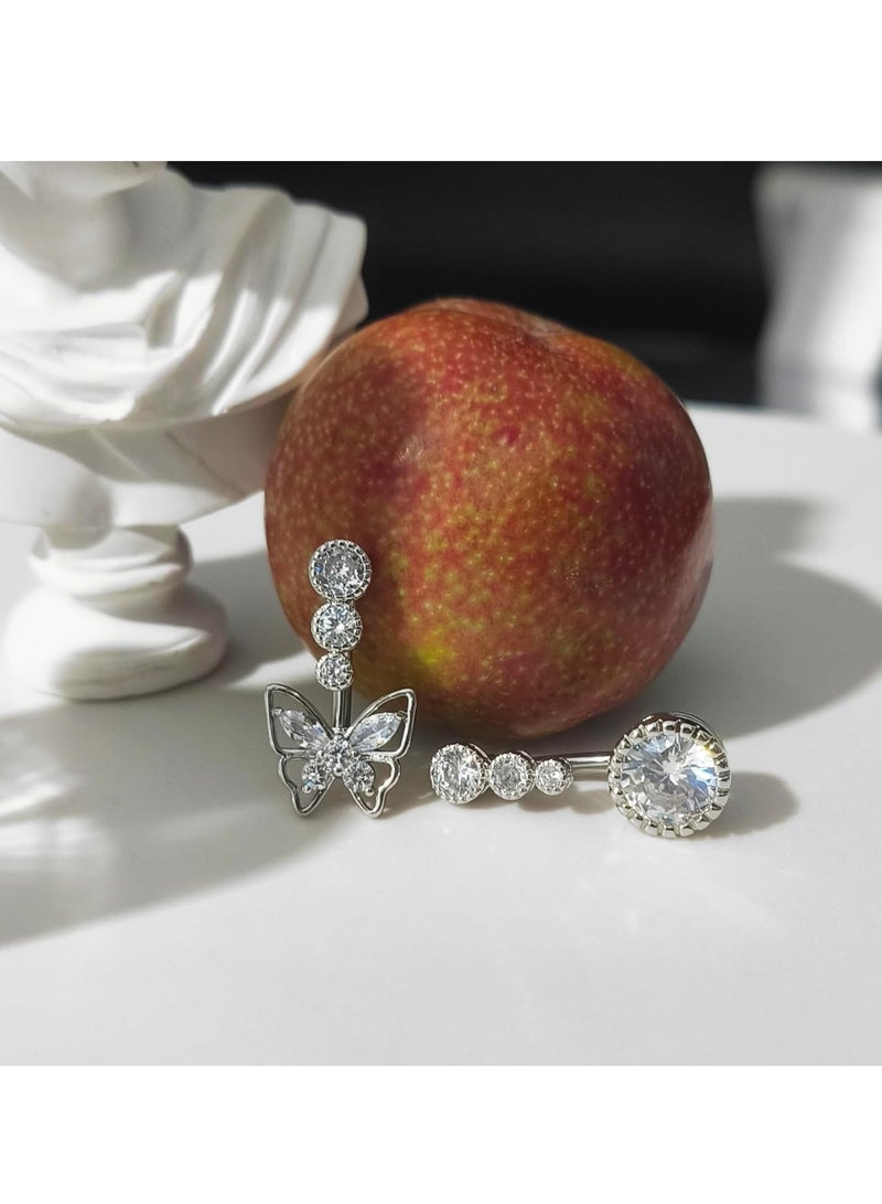 Zikra 4Pcs Crystal Belly Button Rings, Hypoallergenic Surgical Steel Belly Button Ring, Love Heart Butterfly Cubic Zirconia Belly Rings, Silver Sparkling Curved Barbell Belly Ring, Navel Piercing Jewelry - Image 3