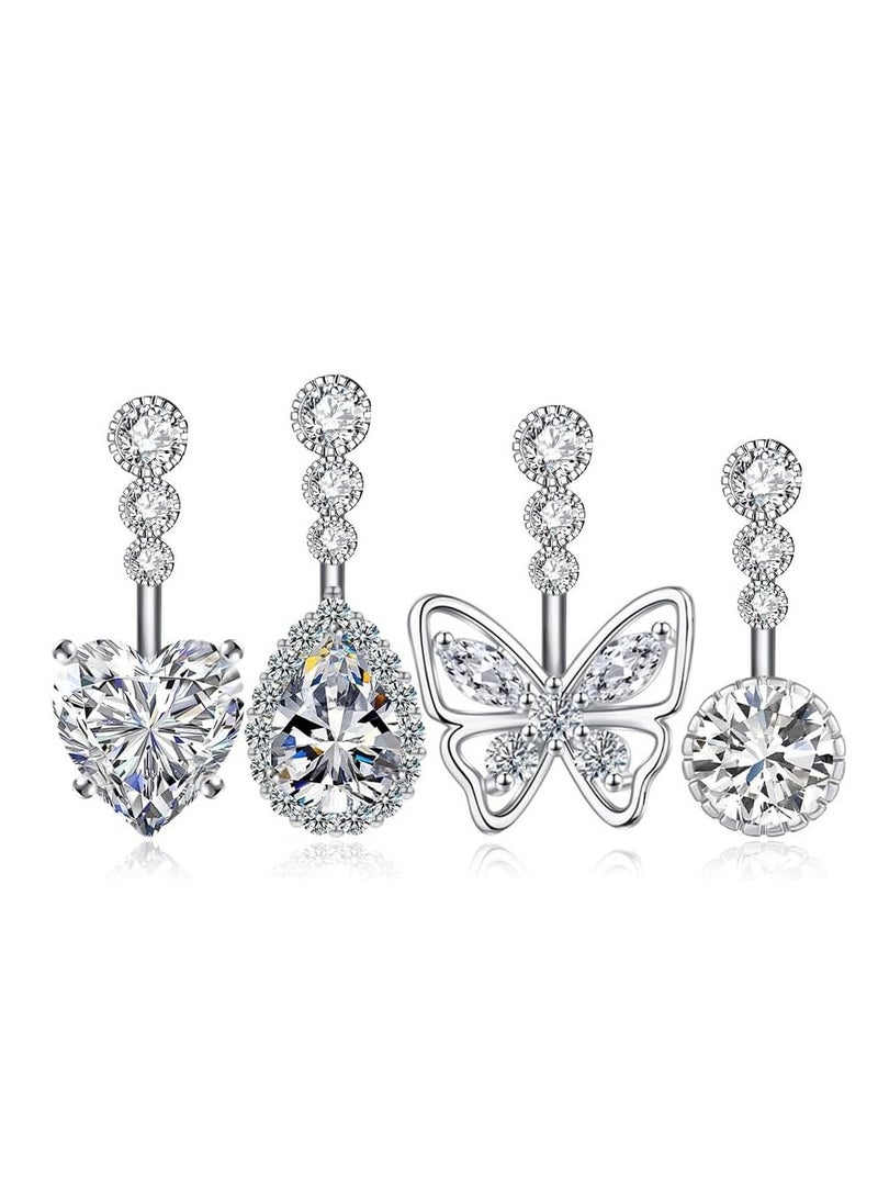 Zikra 4Pcs Crystal Belly Button Rings, Hypoallergenic Surgical Steel Belly Button Ring, Love Heart Butterfly Cubic Zirconia Belly Rings, Silver Sparkling Curved Barbell Belly Ring, Navel Piercing Jewelry - Image 1