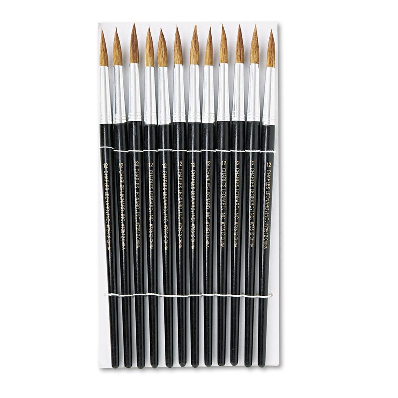 Charles Leonard Water Color Paint Brushes with Round Pointed Tip, # 12, 1.06 Inch, Camel Hair, Black Handle, 12-Pack (73512)