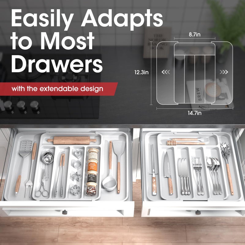 Aujen Silverware Organizer - Expandable Kitchen Drawer Organizer, Adjustable Utensil Organizer, Cutlery Tray for Forks, Knives, Multipurpose Kitchen Organizers and Storage Solution, White, Medium - Image 5