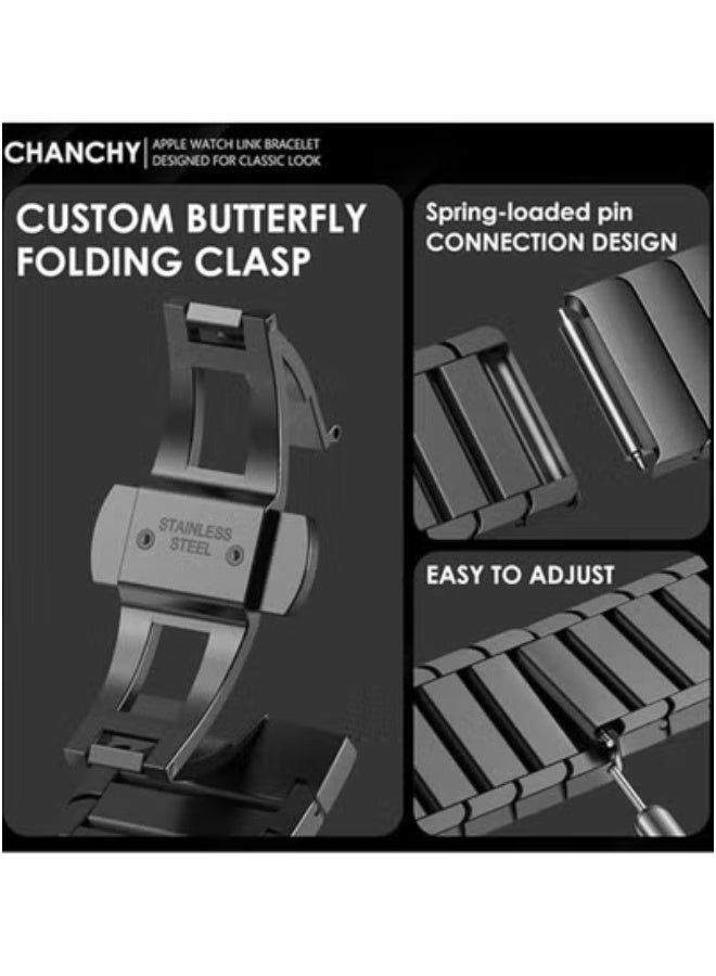 CHANCHY Stainless Steel Watch Band Compatible with Apple Watch Ultra & Series 8/7/6/5/4/3/2/1 – Metal Strap with Folding Clasp for 49mm, 45mm, 44mm, 42mm Sizes – Premium Black Replacement Bracelet for Men – Durable & Stylish Smartwatch Accessory - Image 3